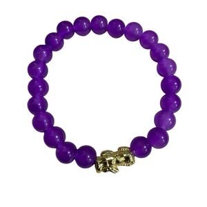 Purple Beaded Stretch Bracelet w/ Gold Pixiu Dragon Feng Shui Luck